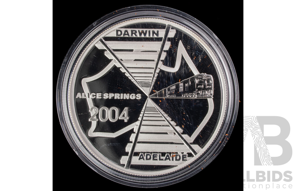 Australian RAM 2004 Silver Proof Five Dollar Coin, Inauguration of the Adelaide to Darwin Railway .999