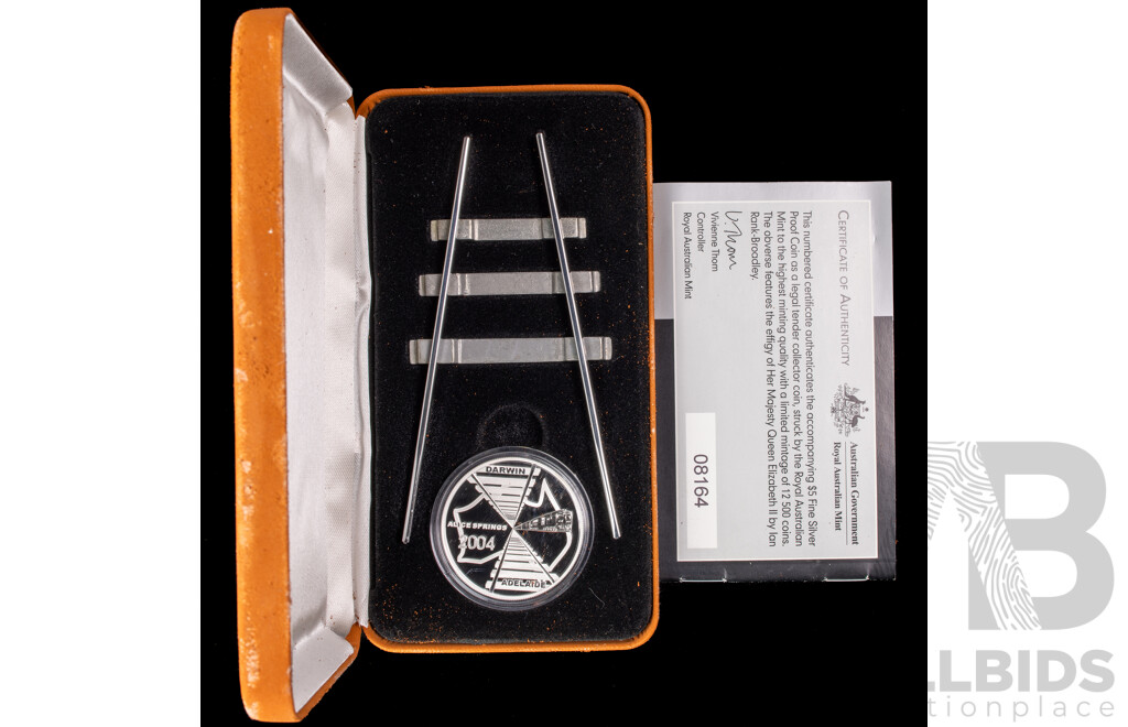 Australian RAM 2004 Silver Proof Five Dollar Coin, Inauguration of the Adelaide to Darwin Railway .999