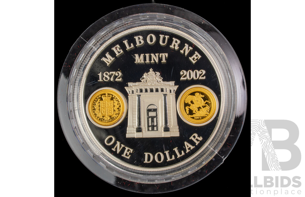 Australian RAM 2002 Silver Proof/Gold Inserts One Dollar Coin, Melbourne Mint 130 Years .999