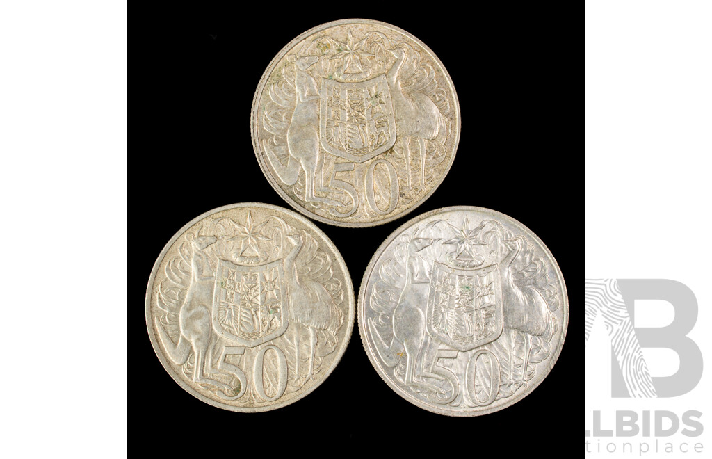Three Australian 1966 Round Silver Fifty Cent Coins .800