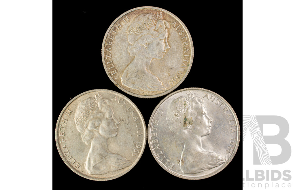 Three Australian 1966 Round Silver Fifty Cent Coins .800