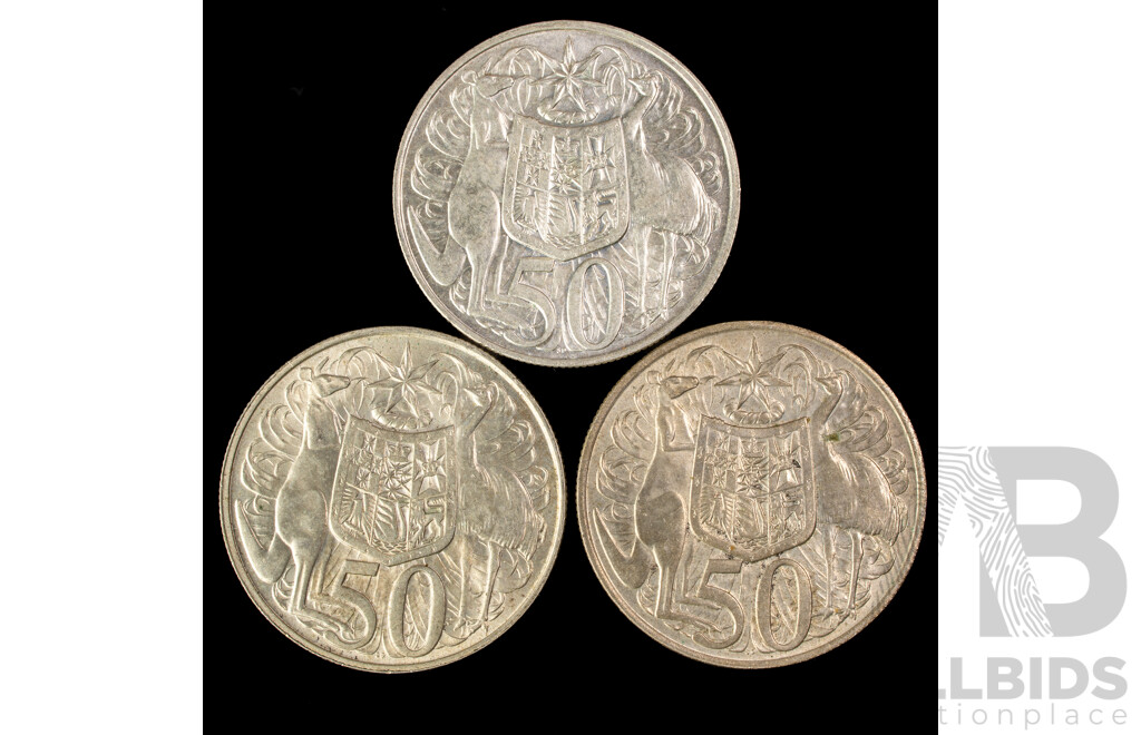 Three Australian 1966 Round Silver Fifty Cent Coins .800