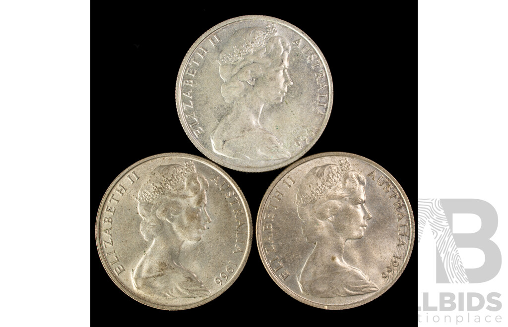 Three Australian 1966 Round Silver Fifty Cent Coins .800