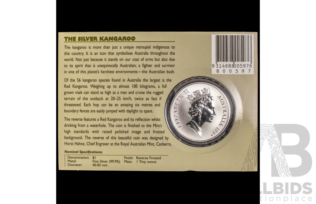 Australian RAM 1997 Silver Frosted One Dollar Coin, Silver Kangaroo .999