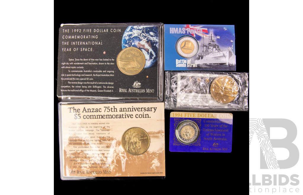 Five Australian Commemorative Five Dollar Coins Including 1988, 1990, 1992, 1994, 2002