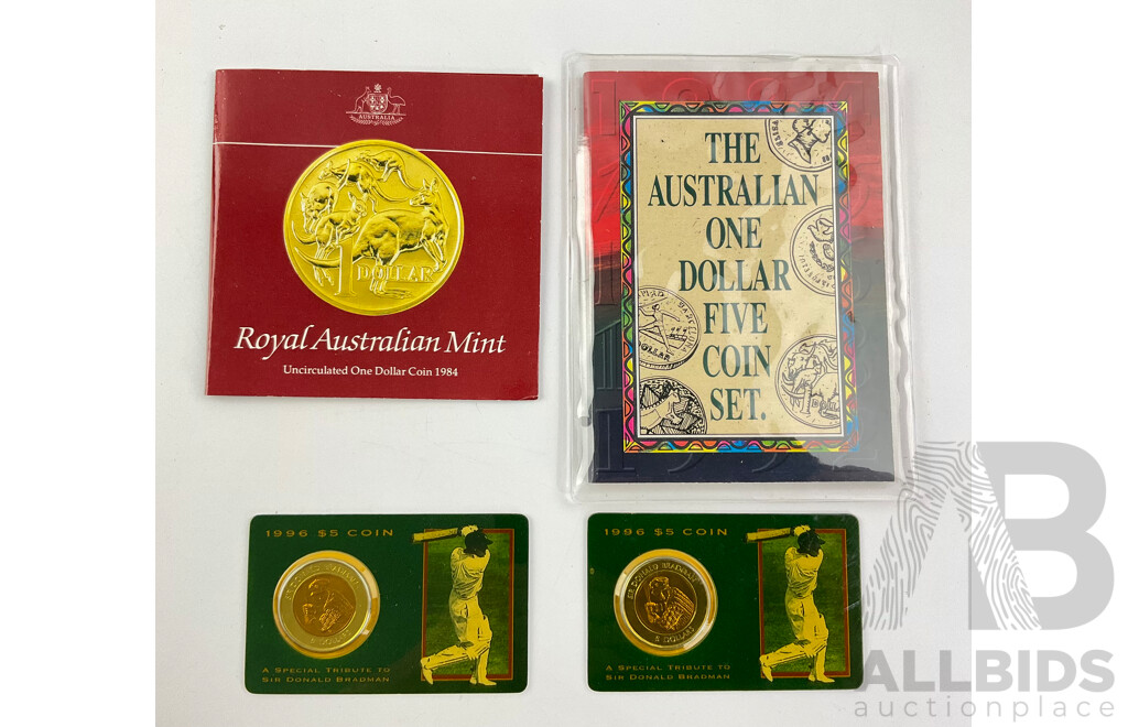 Australian RAM UNC One Dollar Coins Including Two 1996 Five Dollar Donald Bradman, 1984 First Year Issue, Five Coin Set Including 1984, 1985, 1986 Year of Peace......