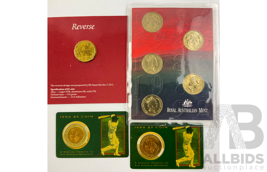 Australian RAM UNC One Dollar Coins Including Two 1996 Five Dollar Donald Bradman, 1984 First Year Issue, Five Coin Set Including 1984, 1985, 1986 Year of Peace......