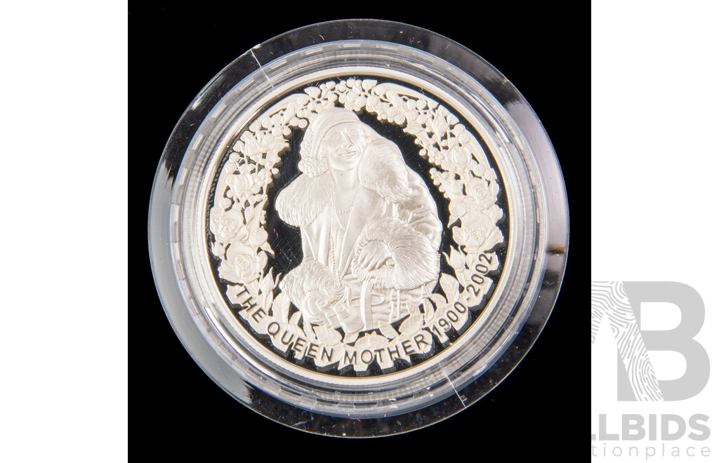 Australian RAM 2002 Silver Proof Five Dollar Coin, Queen Mother, Celebration of Her Life .999