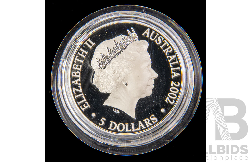 Australian RAM 2002 Silver Proof Five Dollar Coin, Queen Mother, Celebration of Her Life .999