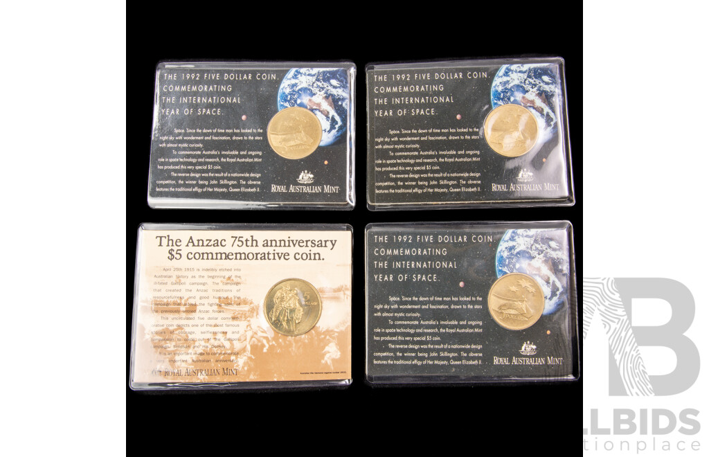 Four Australian RAM Commemorative Five Dollar Coins, 1992 International Year of Space(3) 1990 75th ANZAC Anniversary