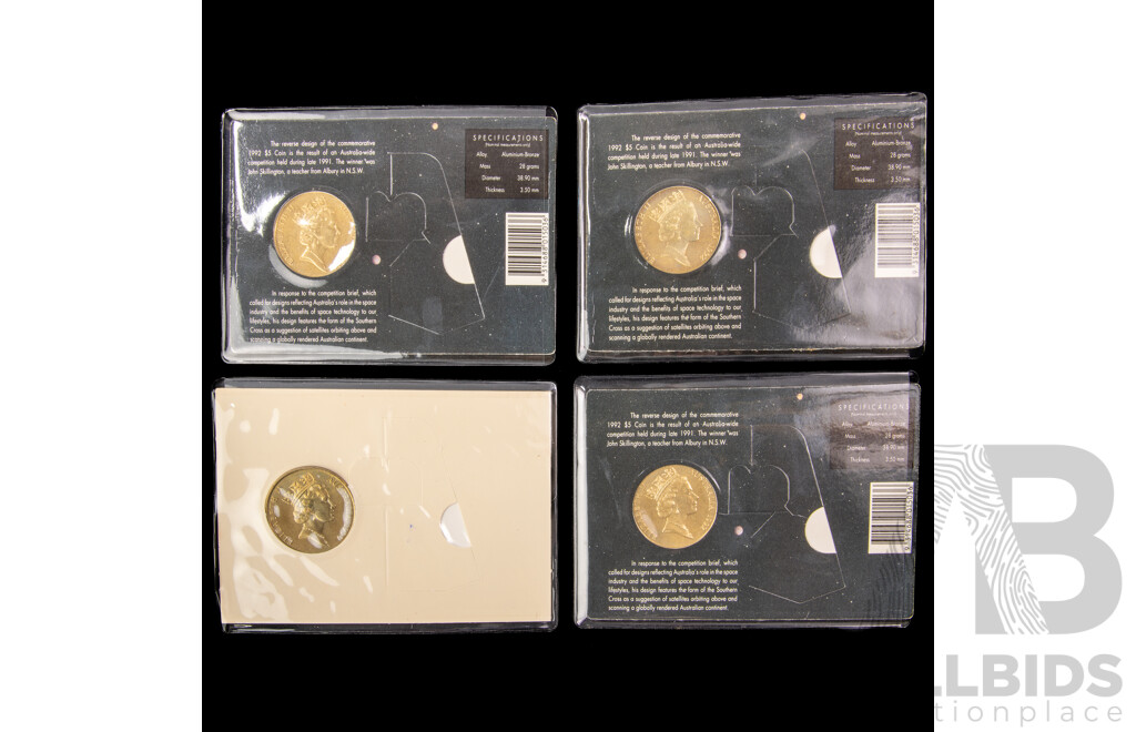 Four Australian RAM Commemorative Five Dollar Coins, 1992 International Year of Space(3) 1990 75th ANZAC Anniversary