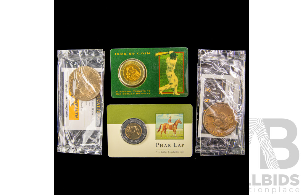 Four Australian Commemorative Five Dollar Coins, 2000 Phar Lap, 1996 Bradmam, 1988 Bicentennial(2)