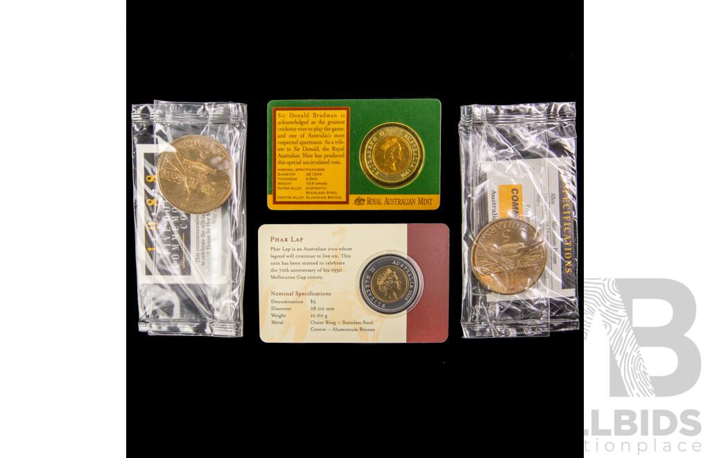 Four Australian Commemorative Five Dollar Coins, 2000 Phar Lap, 1996 Bradmam, 1988 Bicentennial(2)
