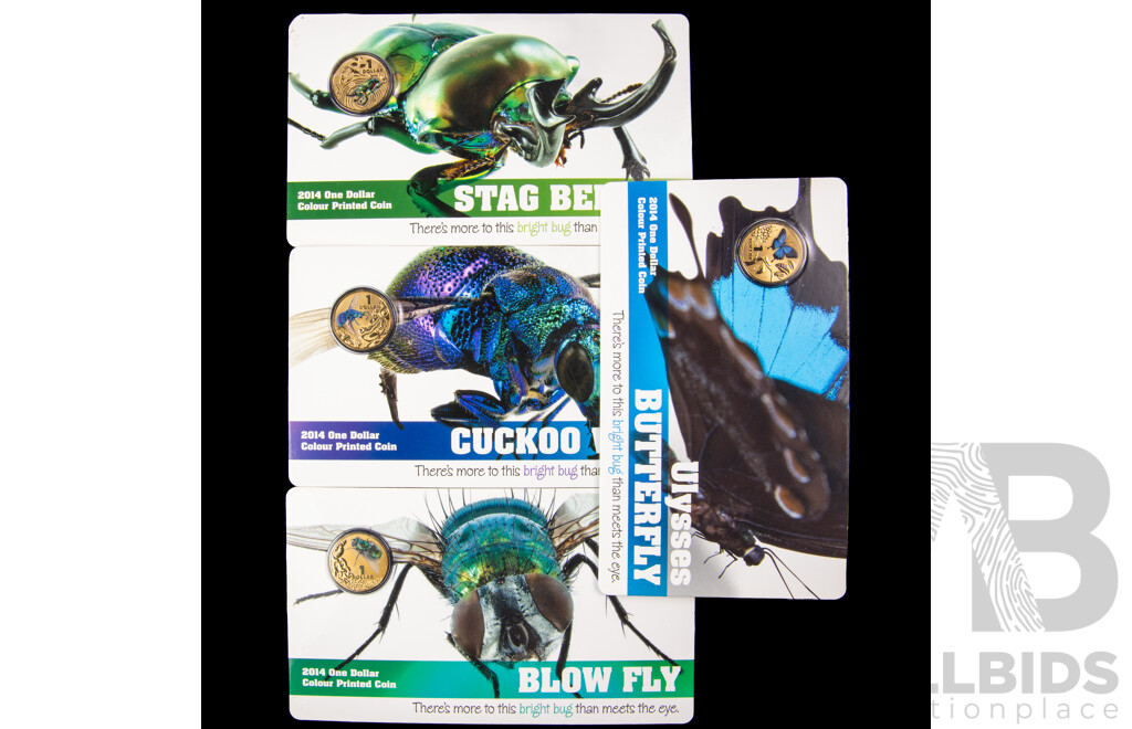 Four Australian RAM 2014 Coloured One Dollar Coins, Stag Beetle, Cuckoo Wasp, Blow Fly, Ulysses Butterfly
