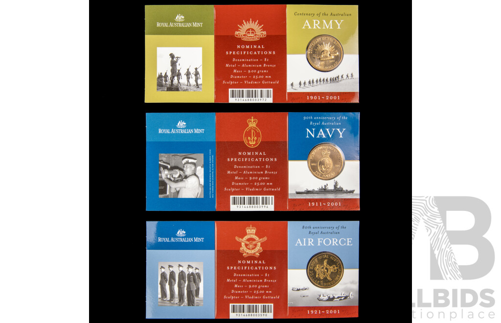 Australian RAM 2001 Australian Defence Forces One Dollar Coins, Army C Mint Mark, Air Force, Navy
