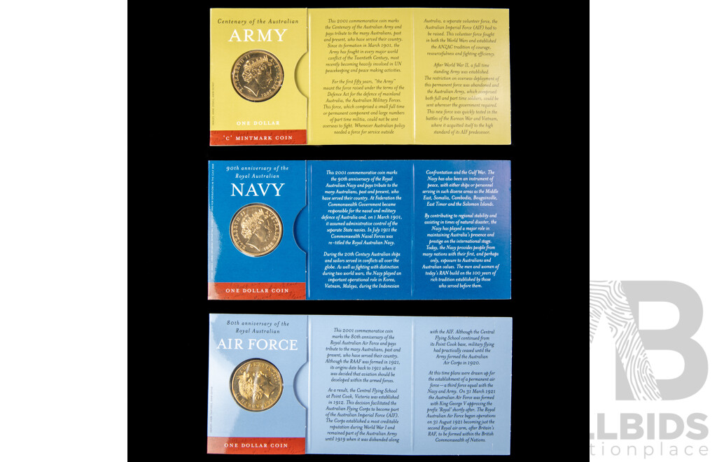 Australian RAM 2001 Australian Defence Forces One Dollar Coins, Army C Mint Mark, Air Force, Navy