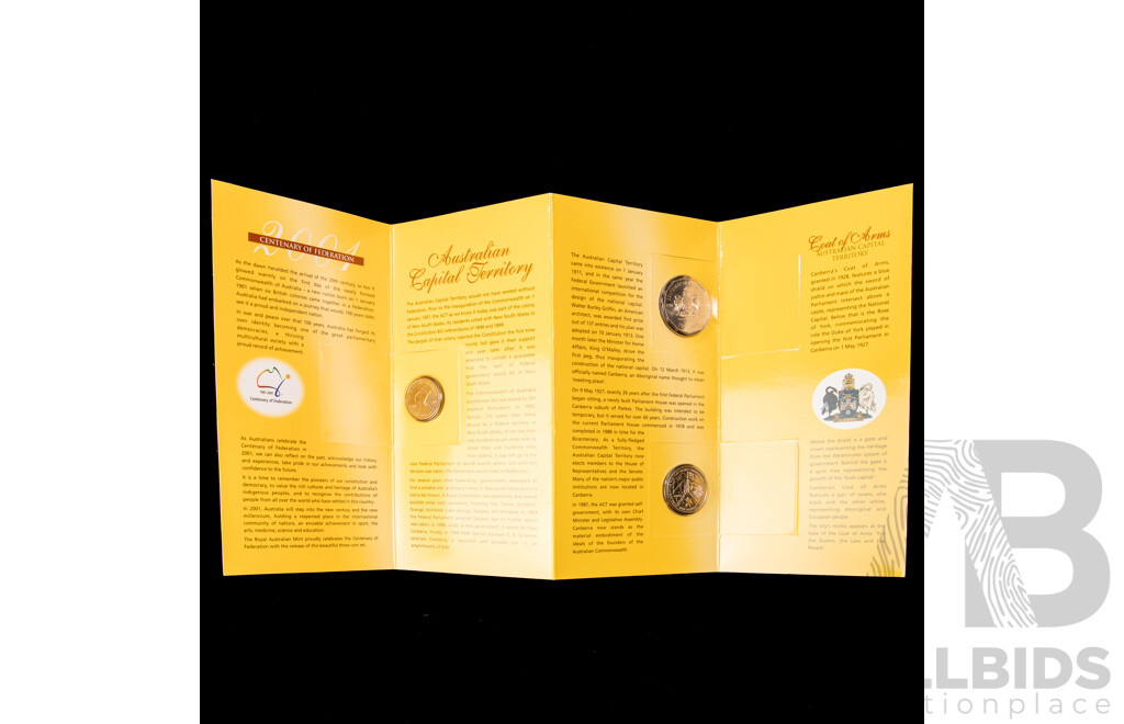 Four Australian RAM 2001 Centenary of Federation Three Coin Sets, One Dollar, Fifty and Twenty Cent, Queensland, New South Wales, Victoria, Australian Capital Territory