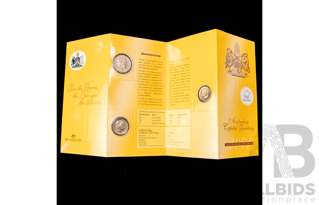 Four Australian RAM 2001 Centenary of Federation Three Coin Sets, One Dollar, Fifty and Twenty Cent, Queensland, New South Wales, Victoria, Australian Capital Territory