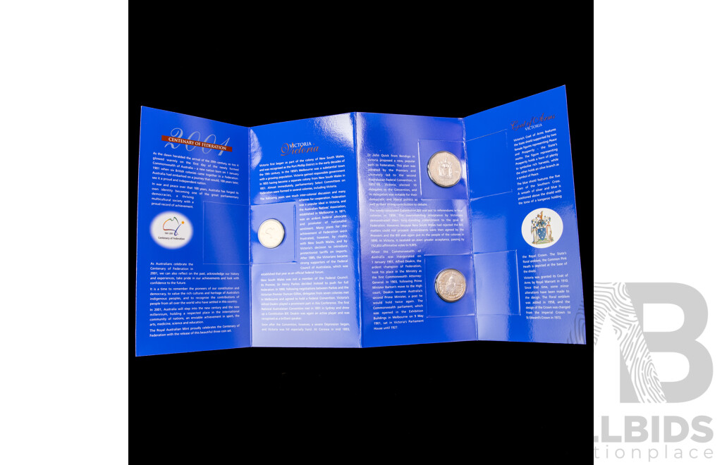 Four Australian RAM 2001 Centenary of Federation Three Coin Sets, One Dollar, Fifty and Twenty Cent, Queensland, New South Wales, Victoria, Australian Capital Territory