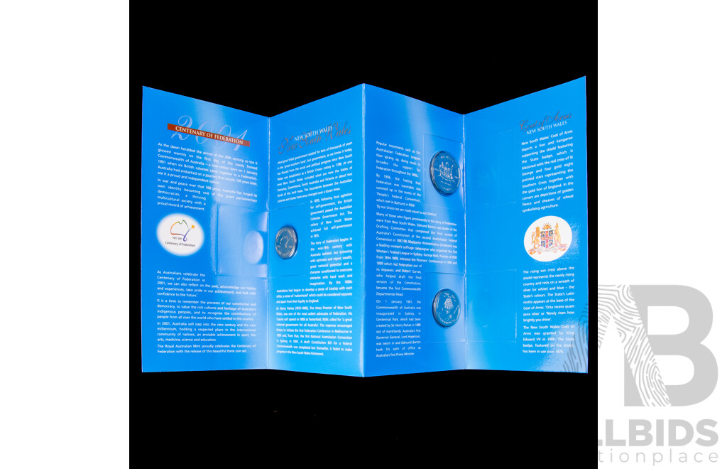 Four Australian RAM 2001 Centenary of Federation Three Coin Sets, One Dollar, Fifty and Twenty Cent, Queensland, New South Wales, Victoria, Australian Capital Territory