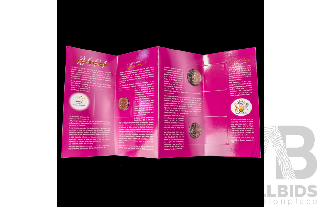 Four Australian RAM 2001 Centenary of Federation Three Coin Sets, One Dollar, Fifty and Twenty Cent, Queensland, New South Wales, Victoria, Australian Capital Territory