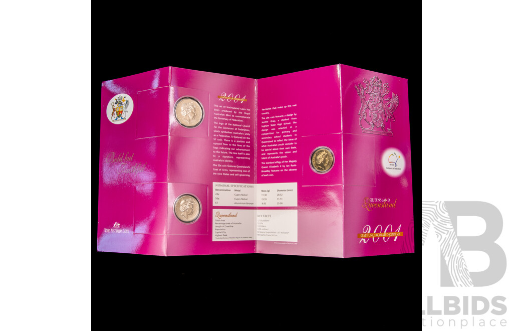 Four Australian RAM 2001 Centenary of Federation Three Coin Sets, One Dollar, Fifty and Twenty Cent, Queensland, New South Wales, Victoria, Australian Capital Territory