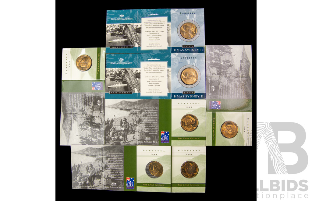 Seven Australian RAM Commemorative One Dollar Coins, 1999 Last ANZACS(5), 2000 HMAS Sydney II(2), All C Mint Mark