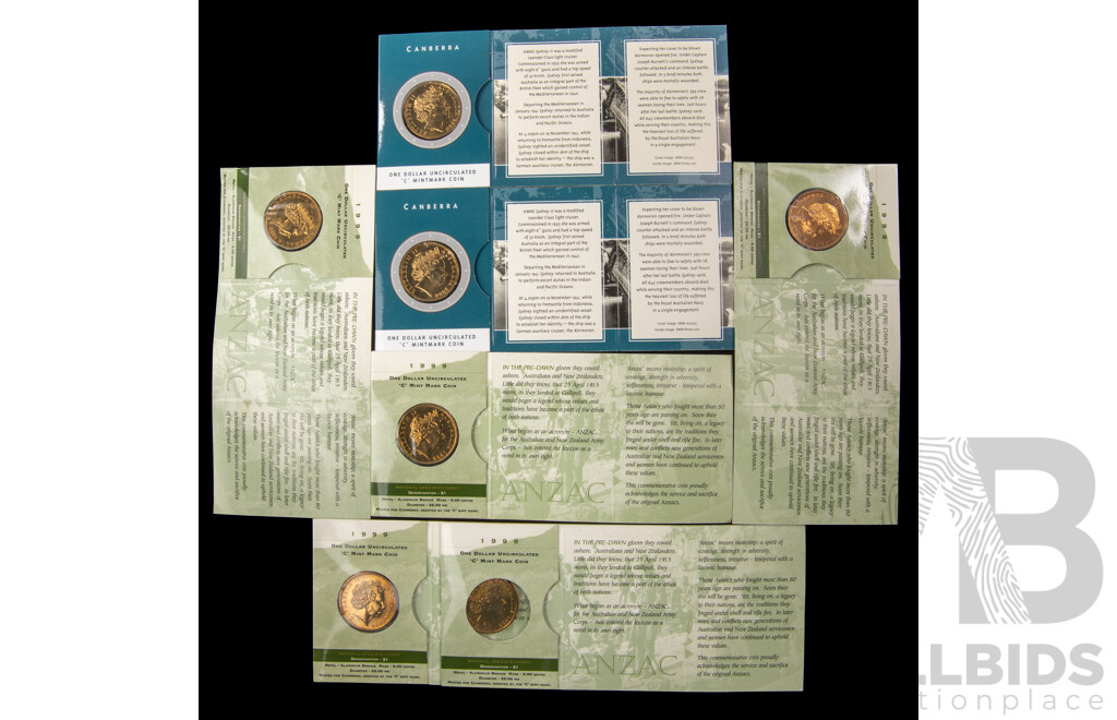 Seven Australian RAM Commemorative One Dollar Coins, 1999 Last ANZACS(5), 2000 HMAS Sydney II(2), All C Mint Mark