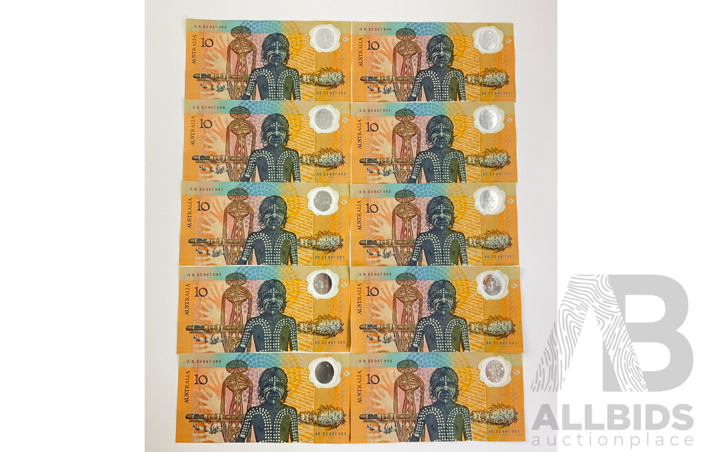 Ten Australian 1988 Bicentennial Ten Dollar Notes, First Issue Consecutive AB 32947985 - AB 32947994