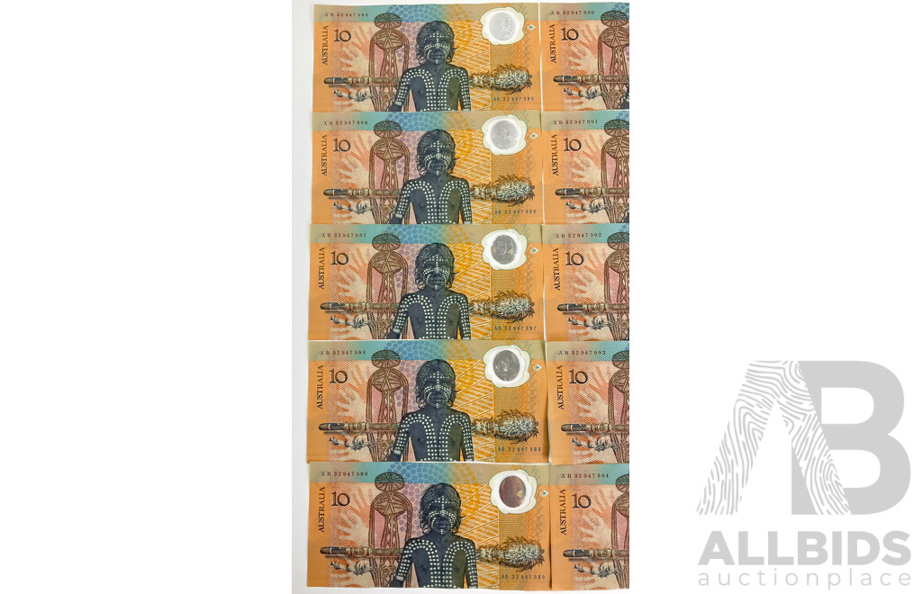 Ten Australian 1988 Bicentennial Ten Dollar Notes, First Issue Consecutive AB 32947985 - AB 32947994