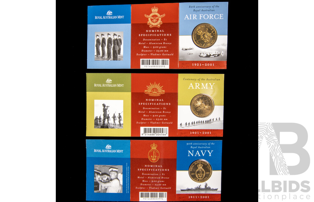 Australian RAM 2001 Australian Defence Forces One Dollar Coins, Army C Mint Mark, Air Force, Navy