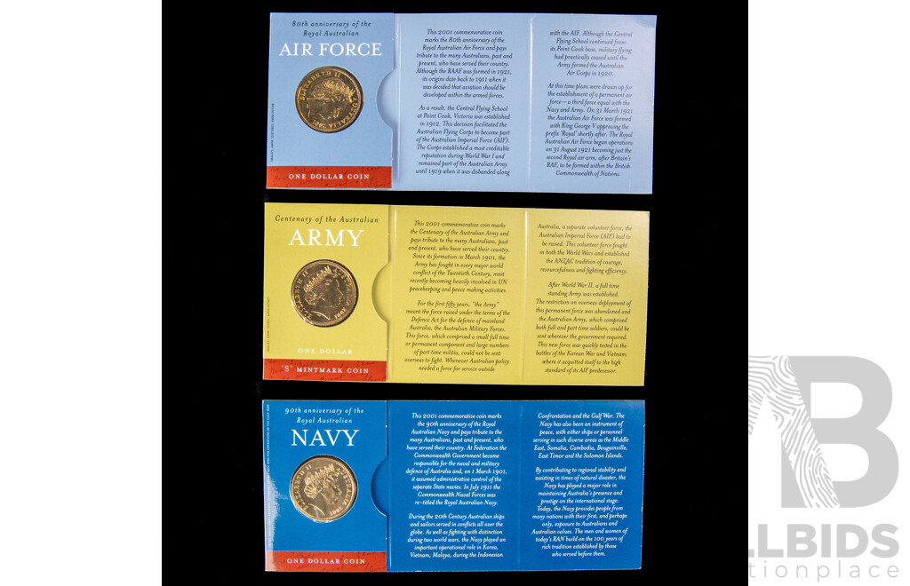Australian RAM 2001 Australian Defence Forces One Dollar Coins, Army C Mint Mark, Air Force, Navy