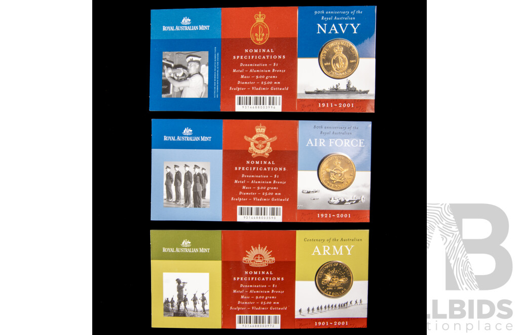 Australian RAM 2001 Australian Defence Forces One Dollar Coins, Army C Mint Mark, Air Force, Navy