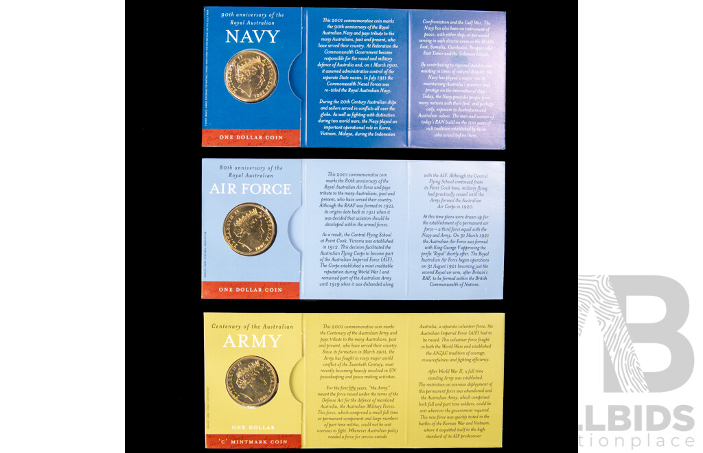 Australian RAM 2001 Australian Defence Forces One Dollar Coins, Army C Mint Mark, Air Force, Navy