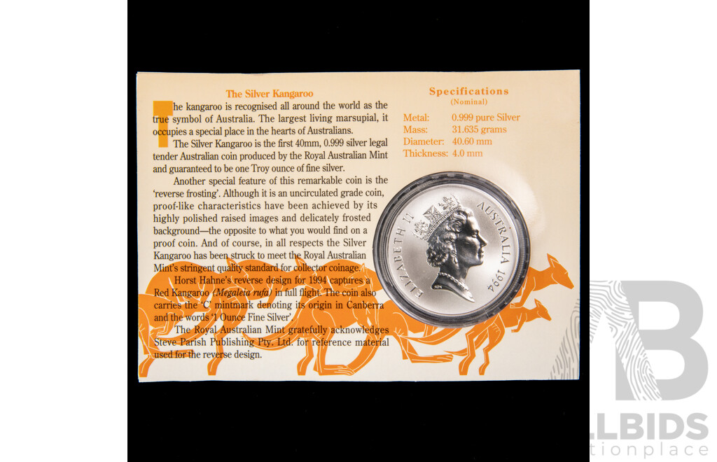 Australian RAM 1994 One Dollar Silver Coin ‘C’Mint Mark, Kangaroo .999