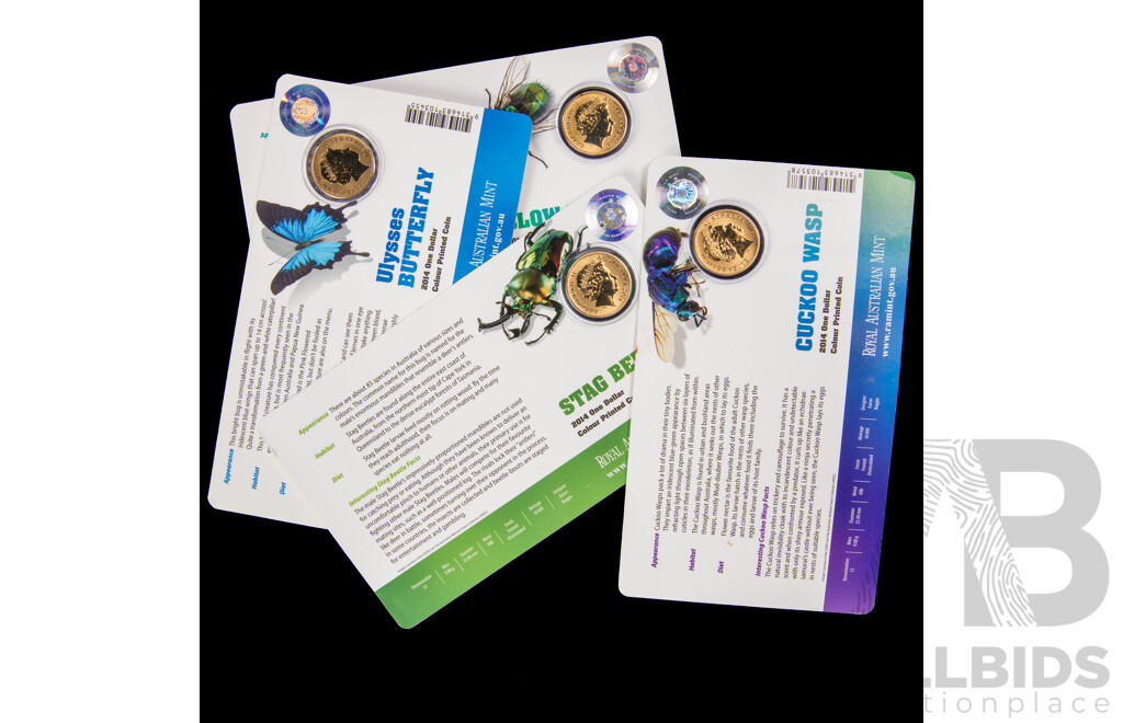 Four Australian RAM 2014 Coloured One Dollar Coins, Stag Beetle, Cuckoo Wasp, Blow Fly, Ulysses Butterfly