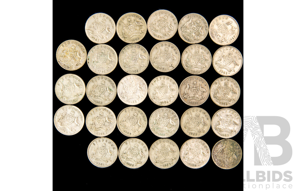 Australian Silver KGVI/QE2 Sixpence Coins, Examples Spanning to 1946 to 1963
