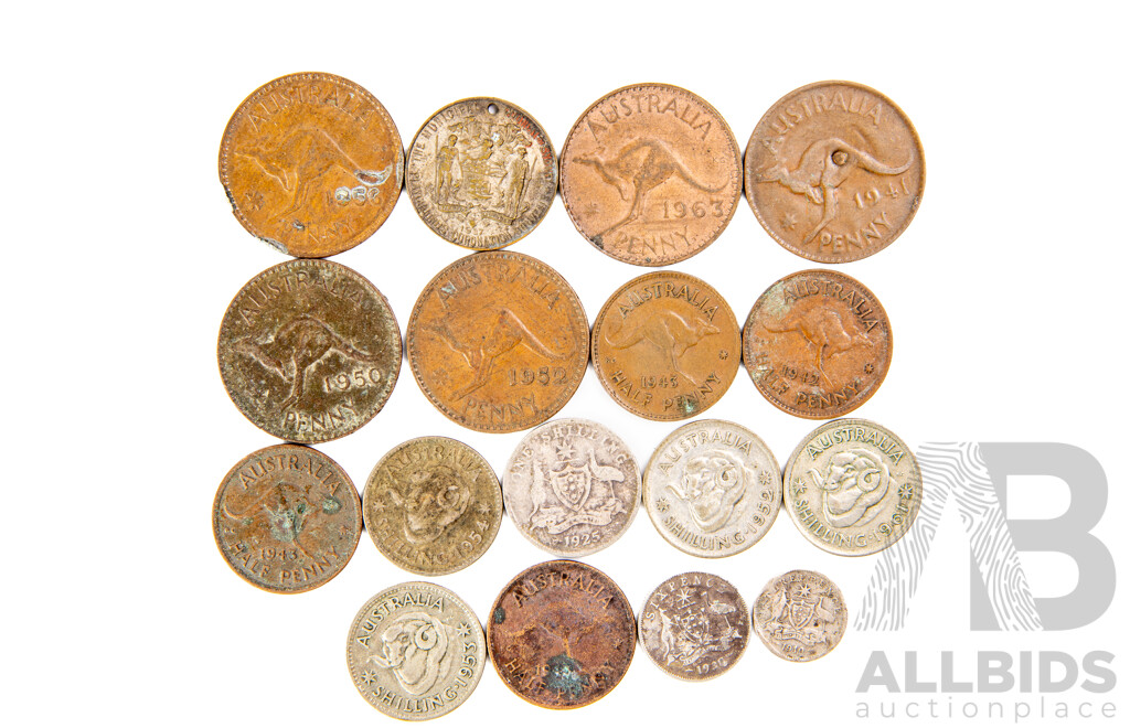 Australian Predecimal Coins Including 1910 Threepence, 1938 Sixpence, 1925 Shilling, Pennies and Half Pennies, 1937 KGVI Municipal Council Sydney Medallion