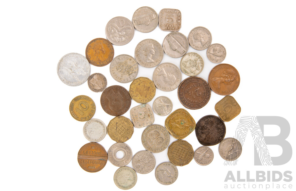 Collection of Antique/Vintage Coins Including Ceylon, India, UK New Zealand, Australia, USA, Chile, France - Some Silver Examples