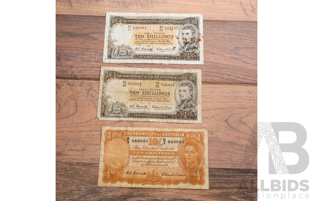 Australian Predecimal Ten Shillings Coombs/Wilson Banknotes, 1952 R15 B3, 1961 R17 AG 23, AG 80