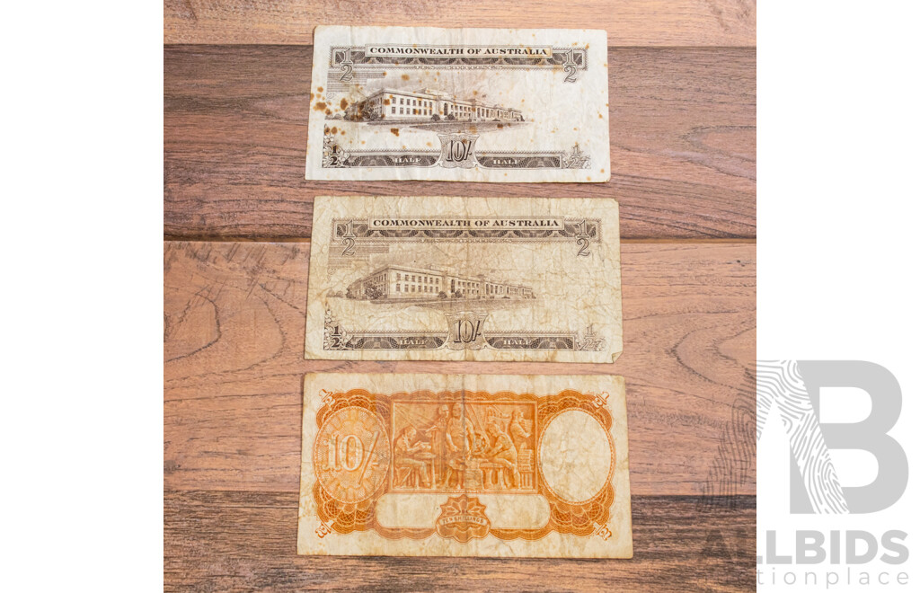 Australian Predecimal Ten Shillings Coombs/Wilson Banknotes, 1952 R15 B3, 1961 R17 AG 23, AG 80
