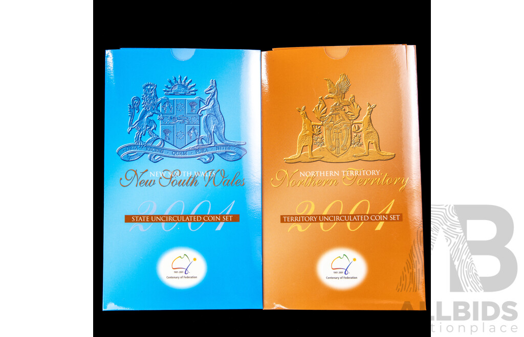 Two Australian RAM 2001 Centenary of Federation Three Coin Sets, One Dollar, Fifty and Twenty Cent, New South Wales and Northern Territory