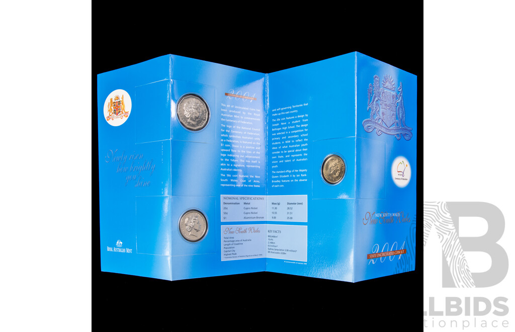 Two Australian RAM 2001 Centenary of Federation Three Coin Sets, One Dollar, Fifty and Twenty Cent, New South Wales and Northern Territory