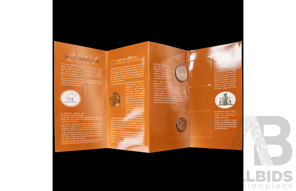 Two Australian RAM 2001 Centenary of Federation Three Coin Sets, One Dollar, Fifty and Twenty Cent, New South Wales and Northern Territory