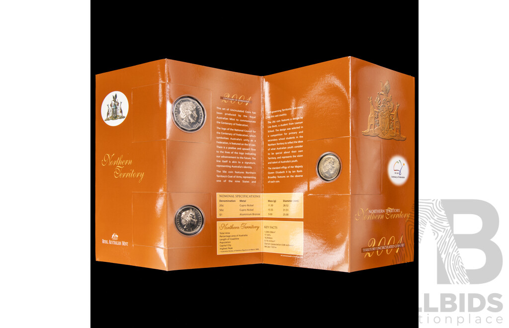 Two Australian RAM 2001 Centenary of Federation Three Coin Sets, One Dollar, Fifty and Twenty Cent, New South Wales and Northern Territory