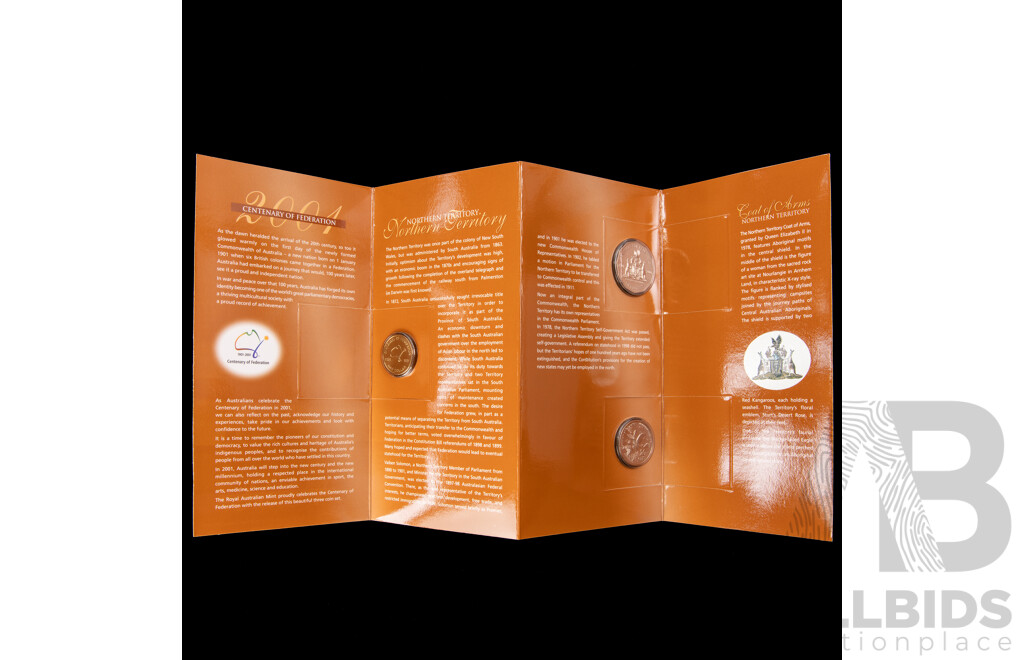 Two Australian RAM 2001 Centenary of Federation Three Coin Sets, One Dollar, Fifty and Twenty Cent, Queensland and Northern Territory