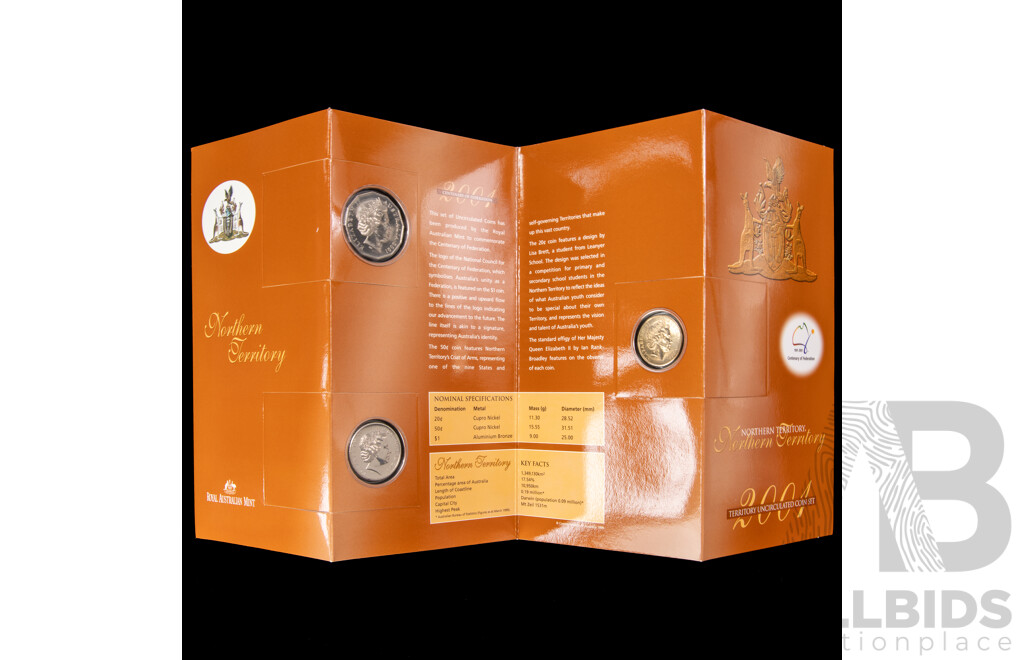 Two Australian RAM 2001 Centenary of Federation Three Coin Sets, One Dollar, Fifty and Twenty Cent, Queensland and Northern Territory