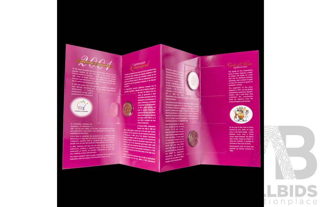 Two Australian RAM 2001 Centenary of Federation Three Coin Sets, One Dollar, Fifty and Twenty Cent, Queensland and Northern Territory