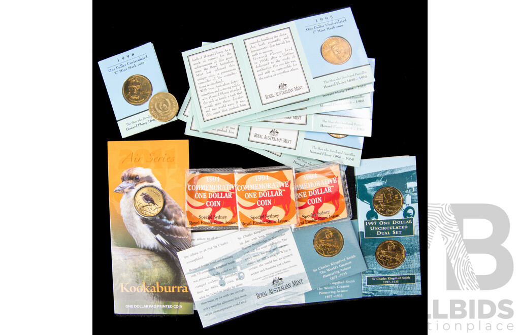 Australian RAM Commemorative One Dollar Coins Including 1994 10th Anniversary One Dollar Note Replacement(3) 1998 Howard Florey(7) 1997 Kingsford Smith Dual Set and C Mint Marks, ...............