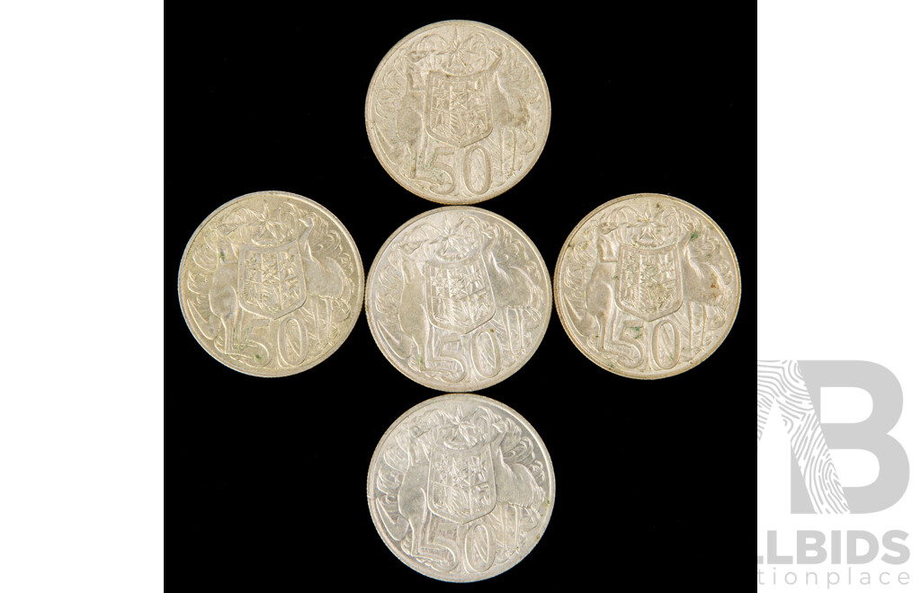Five Australian 1966 Round Silver Fifty Cent Coins .800